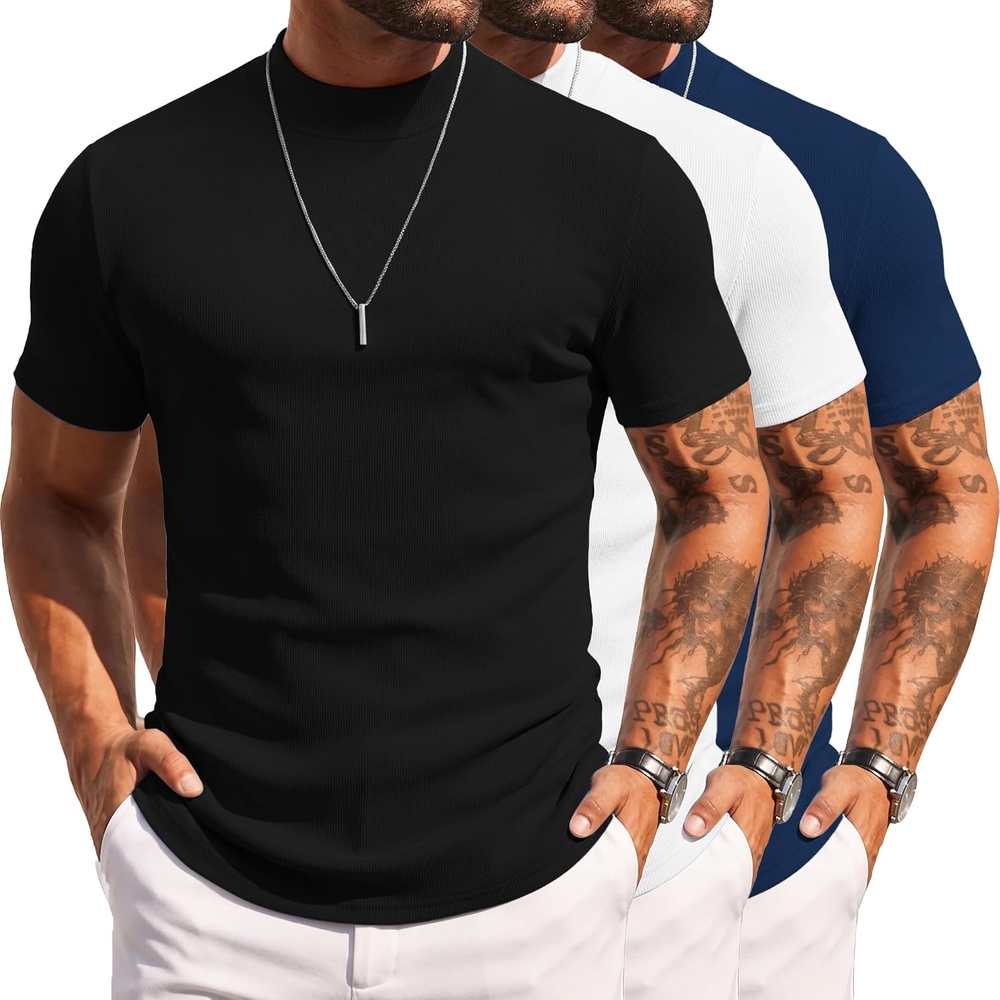 image:imageCOOFANDY Mens Mock Turtleneck Sweater Short Sleeve Slim Fit Casual Sweaters3 PackblackWhiteNavy Blue