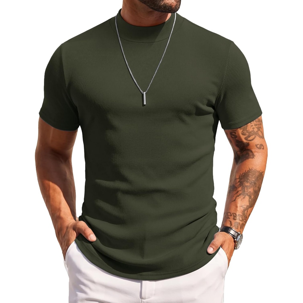 image:imageCOOFANDY Mens Mock Turtleneck Sweater Short Sleeve Slim Fit Casual SweatersArmy Green