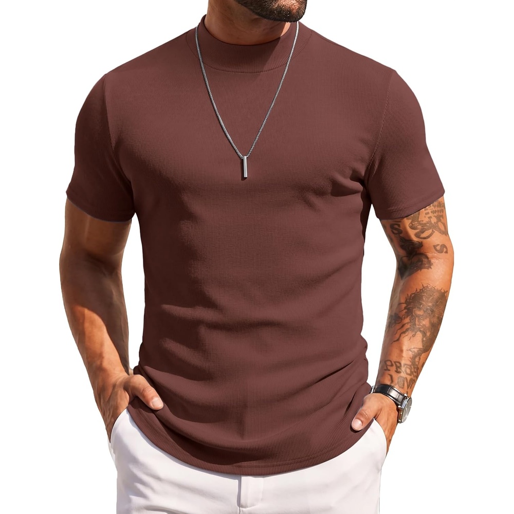 image:imageCOOFANDY Mens Mock Turtleneck Sweater Short Sleeve Slim Fit Casual SweatersBrown