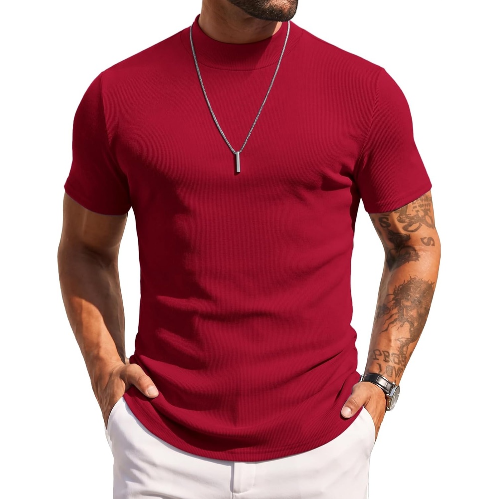 image:imageCOOFANDY Mens Mock Turtleneck Sweater Short Sleeve Slim Fit Casual SweatersDark Red