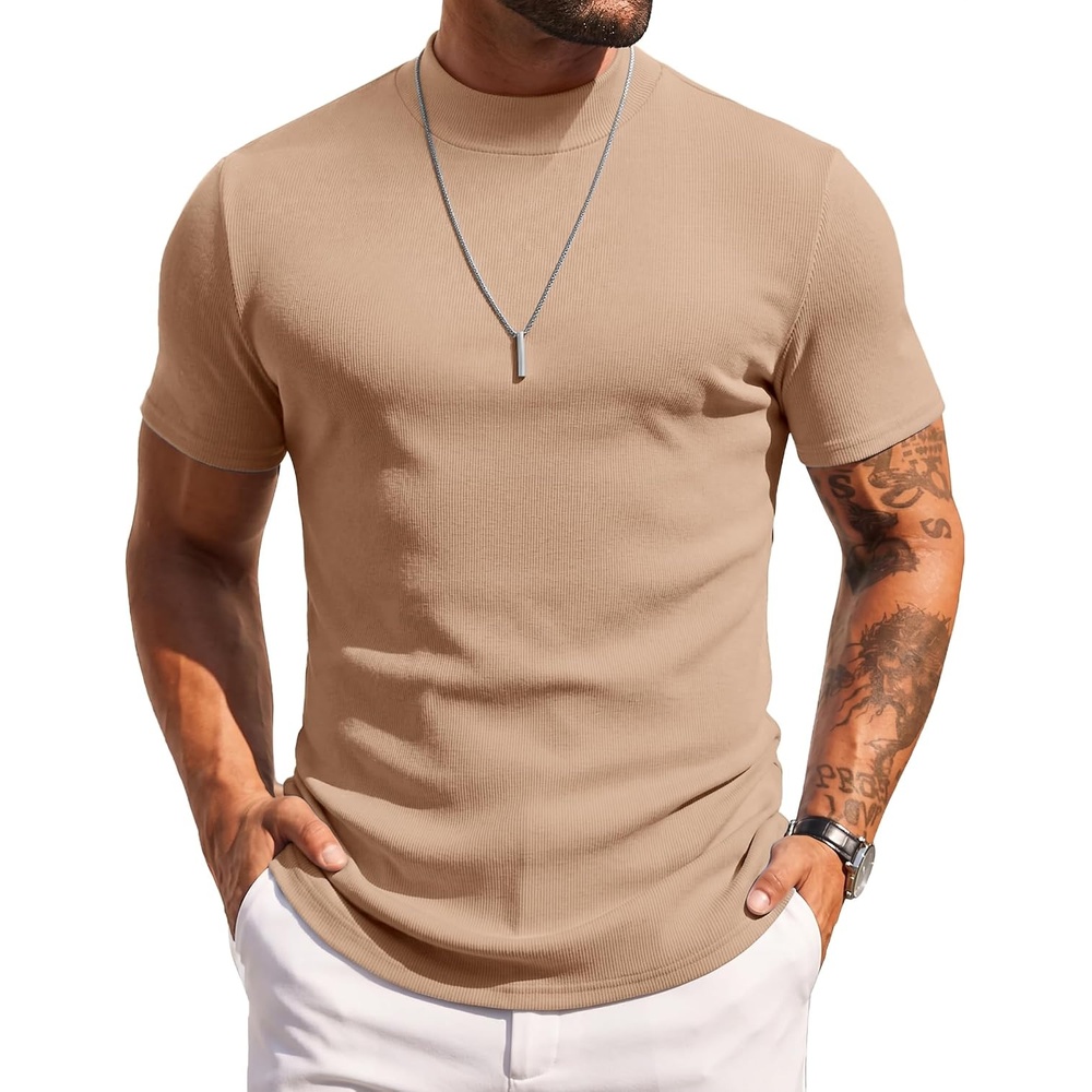 image:imageCOOFANDY Mens Mock Turtleneck Sweater Short Sleeve Slim Fit Casual SweatersKhaki