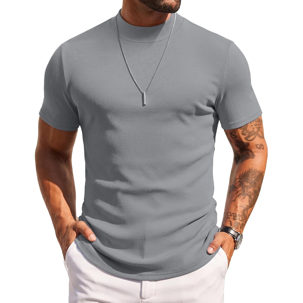 image:imageCOOFANDY Mens Mock Turtleneck Sweater Short Sleeve Slim Fit Casual SweatersLight Grey