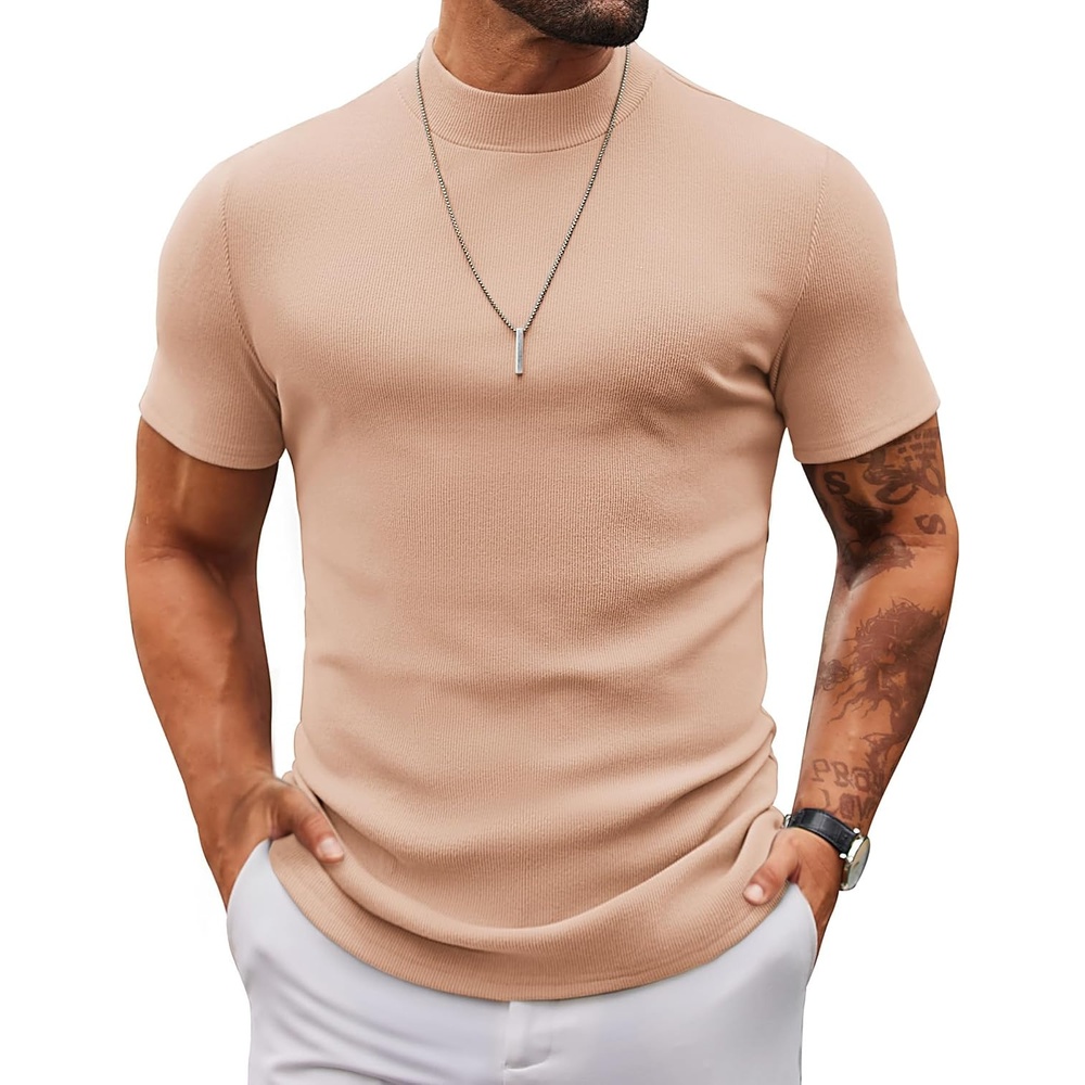 image:imageCOOFANDY Mens Mock Turtleneck Sweater Short Sleeve Slim Fit Casual SweatersLight Khaki