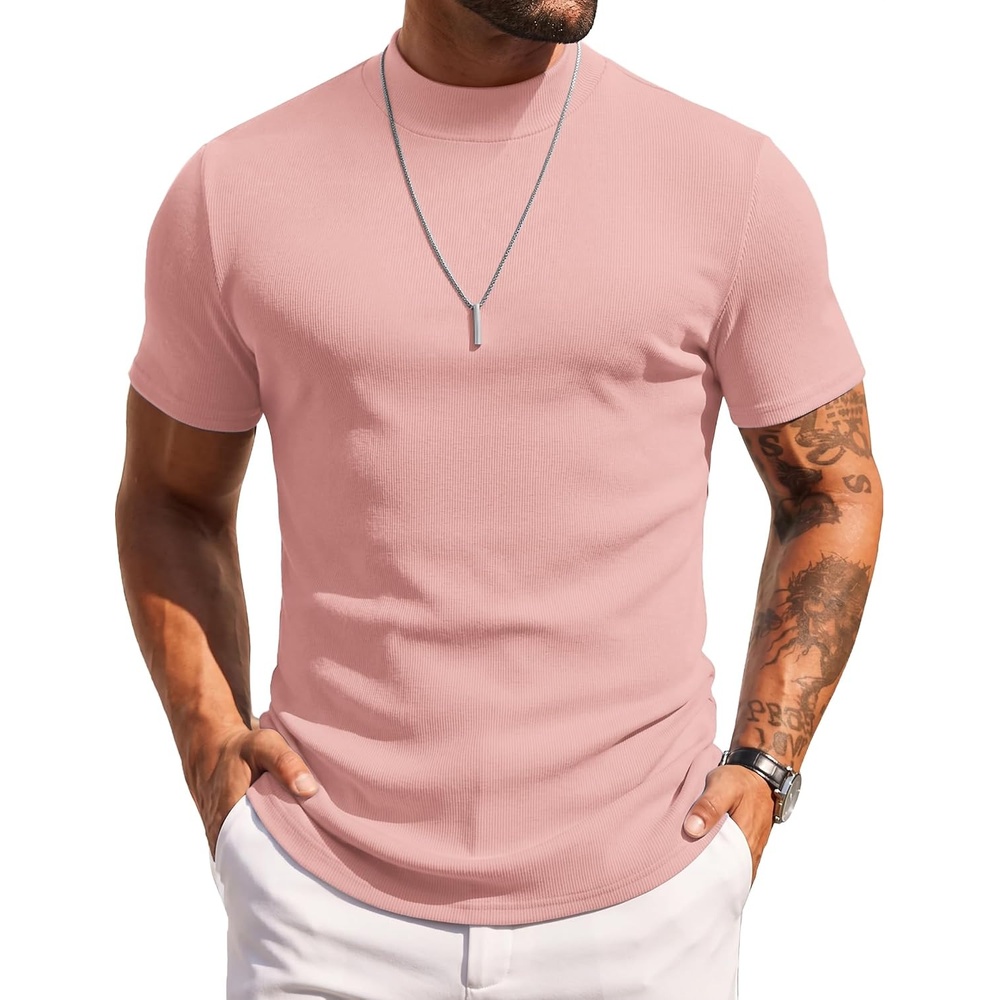 image:imageCOOFANDY Mens Mock Turtleneck Sweater Short Sleeve Slim Fit Casual SweatersPink