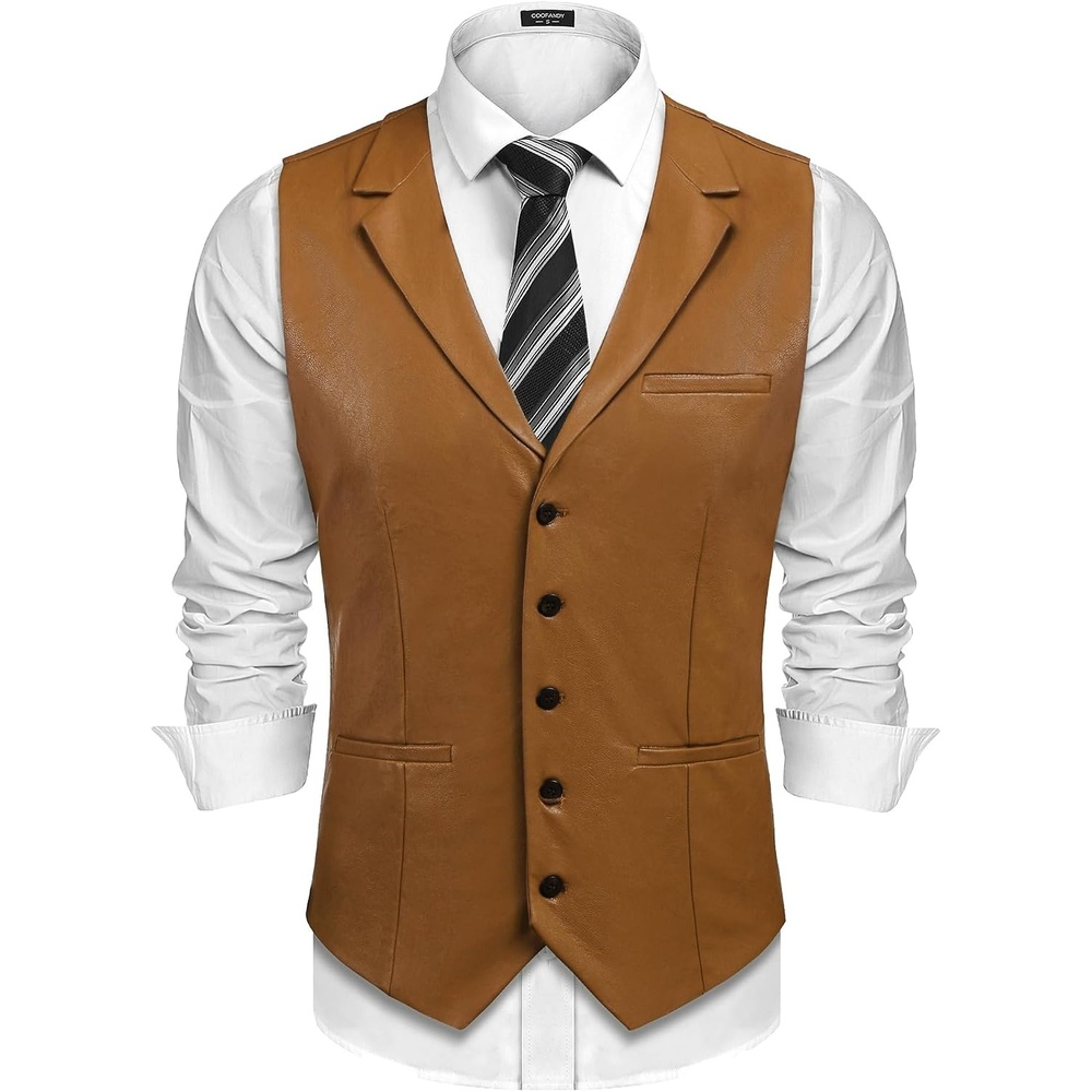 image:imageCOOFANDY Mens Western Cowboy Vest Leather Waistcoat Vest Halloween CostumeLight Brown