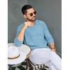 COOFANDY Mens Knit Long Sleeve Polo Shirt Sweater V-Neck Textured Pullover(Light Blue)