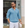 COOFANDY Mens Knit Long Sleeve Polo Shirt Sweater V-Neck Textured Pullover(Light Blue)