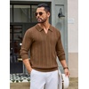 COOFANDY Mens Knit Long Sleeve Polo Shirt Sweater V-Neck Textured Pullover(Light Brown)