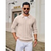 COOFANDY Mens Knit Long Sleeve Polo Shirt Sweater V-Neck Textured Pullover(Light Khaki)
