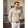 COOFANDY Mens Knit Long Sleeve Polo Shirt Sweater V-Neck Textured Pullover(Light Khaki)