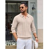 COOFANDY Mens Knit Long Sleeve Polo Shirt Sweater V-Neck Textured Pullover(Light Khaki)