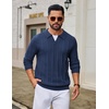 COOFANDY Mens Knit Long Sleeve Polo Shirt Sweater V-Neck Textured Pullover(Navy Blue)
