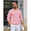 COOFANDY Mens Knit Long Sleeve Polo Shirt Sweater V-Neck Textured Pullover(Pink)