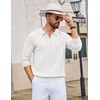 COOFANDY Mens Knit Long Sleeve Polo Shirt Sweater V-Neck Textured Pullover(White)