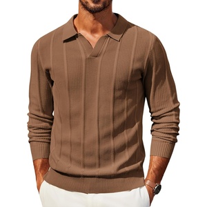 COOFANDY Mens Knit Long Sleeve Polo Shirt Sweater V-Neck Textured Pullover(Light Brown)