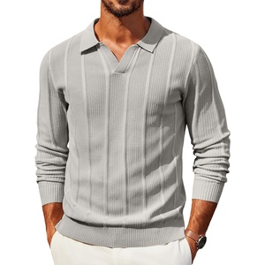 COOFANDY Mens Knit Long Sleeve Polo Shirt Sweater V-Neck Textured Pullover(Light Gray)