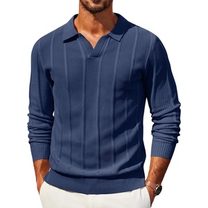 COOFANDY Mens Knit Long Sleeve Polo Shirt Sweater V-Neck Textured Pullover(Navy Blue)