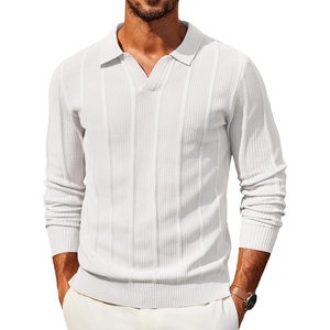 COOFANDY Mens Knit Long Sleeve Polo Shirt Sweater V-Neck Textured Pullover(White)