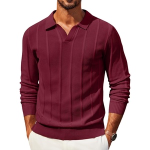 COOFANDY Mens Knit Long Sleeve Polo Shirt Sweater V-Neck Textured Pullover(Wine Red)