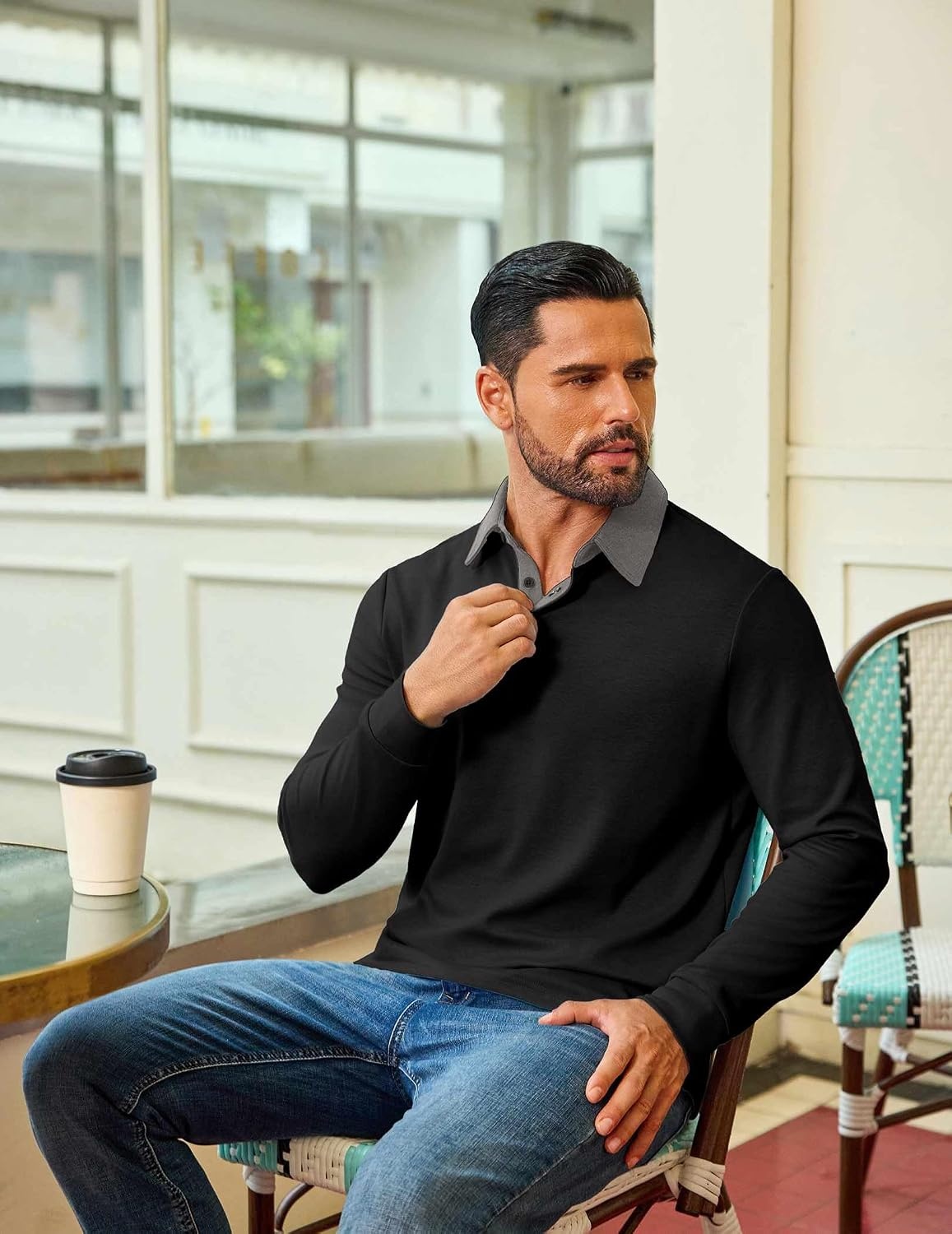 image:imageCOOFANDY Mens Long Sleeve Polo Shirts Casual Sweatshirt Cotton Golf T ShirtBlack