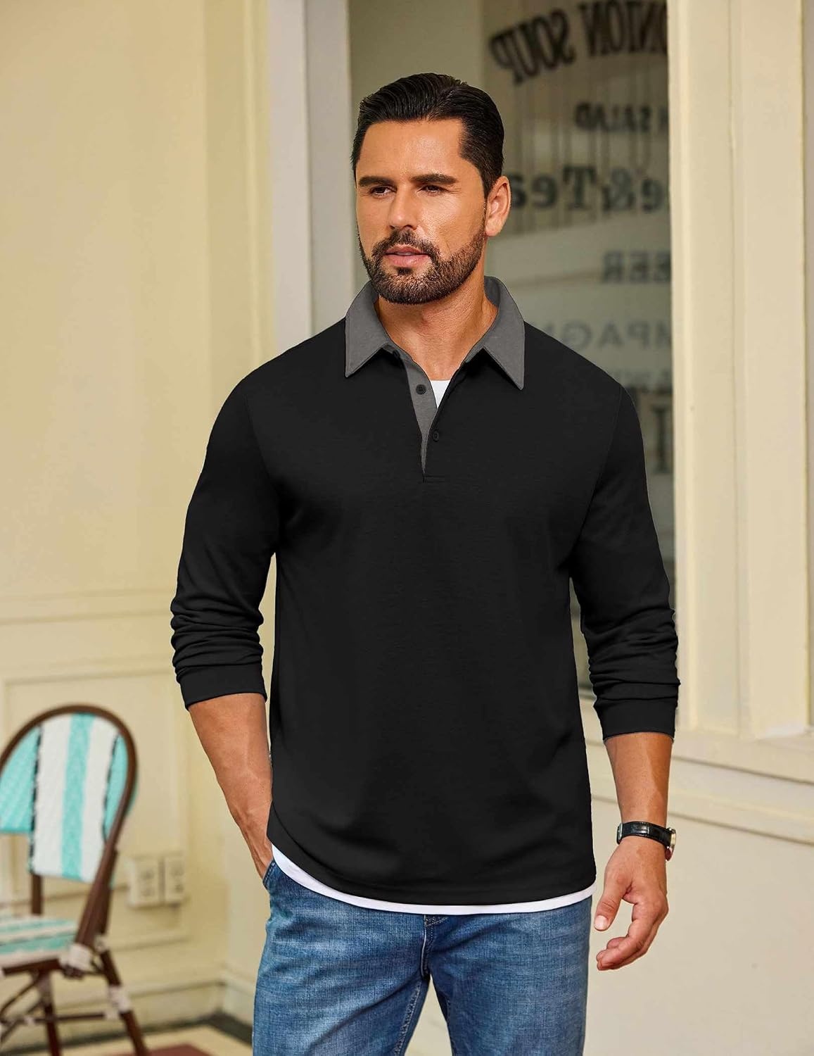 image:imageCOOFANDY Mens Long Sleeve Polo Shirts Casual Sweatshirt Cotton Golf T ShirtBlack