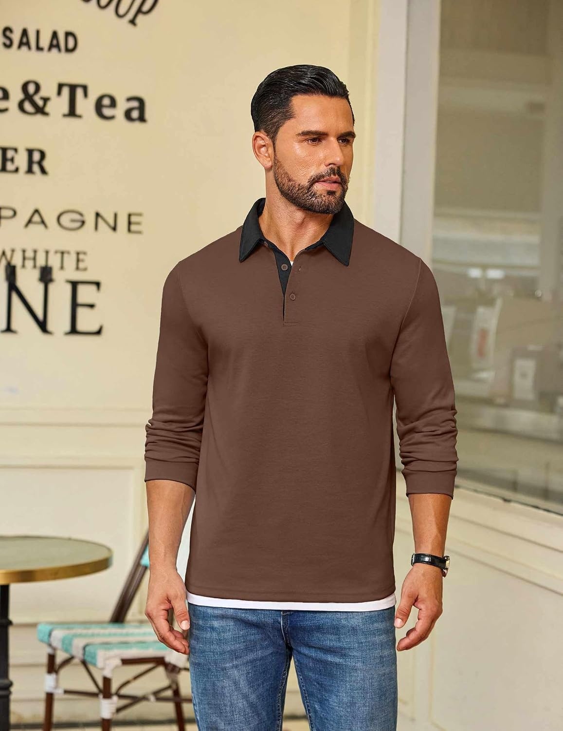 image:imageCOOFANDY Mens Long Sleeve Polo Shirts Casual Sweatshirt Cotton Golf T ShirtBrown