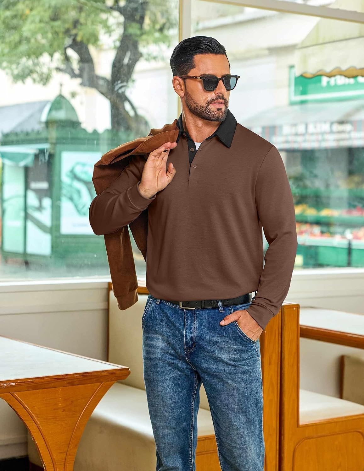 image:imageCOOFANDY Mens Long Sleeve Polo Shirts Casual Sweatshirt Cotton Golf T ShirtBrown