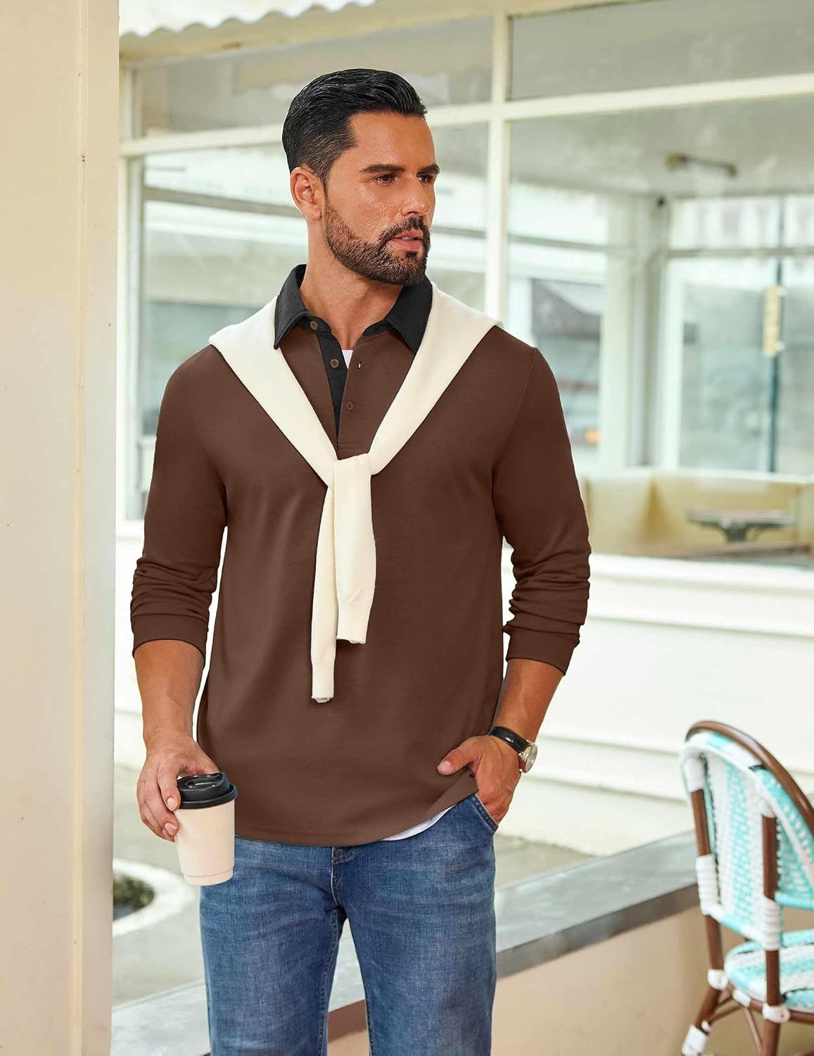 image:imageCOOFANDY Mens Long Sleeve Polo Shirts Casual Sweatshirt Cotton Golf T ShirtBrown