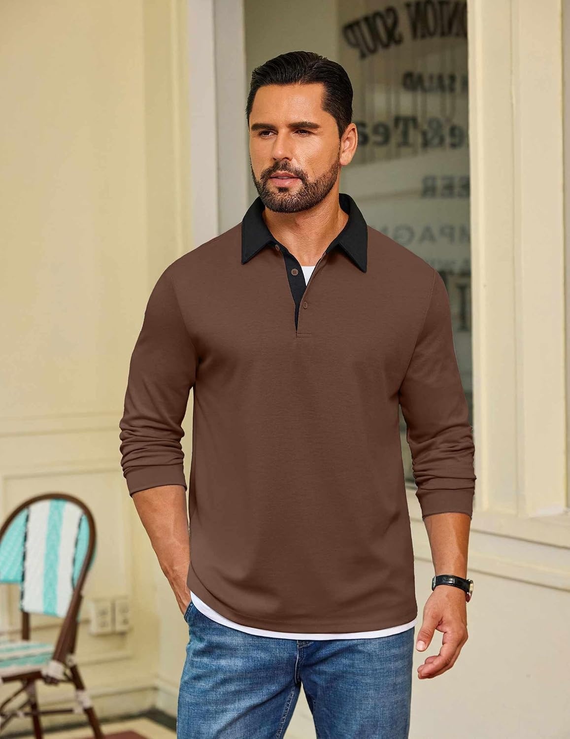 image:imageCOOFANDY Mens Long Sleeve Polo Shirts Casual Sweatshirt Cotton Golf T ShirtBrown