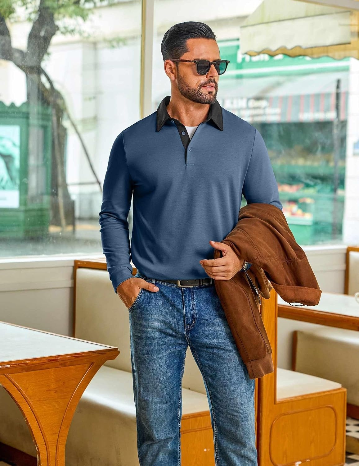 image:imageCOOFANDY Mens Long Sleeve Polo Shirts Casual Sweatshirt Cotton Golf T ShirtHaze Blue