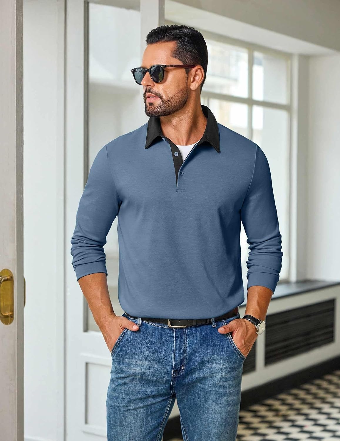 image:imageCOOFANDY Mens Long Sleeve Polo Shirts Casual Sweatshirt Cotton Golf T ShirtHaze Blue