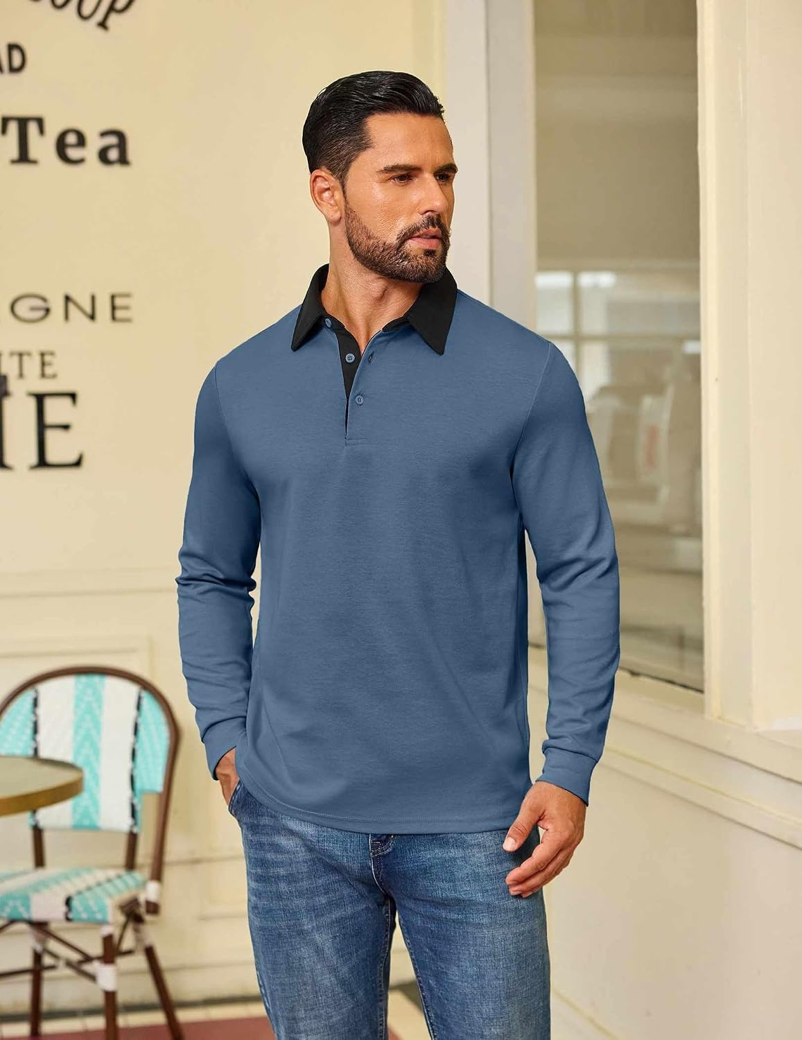 image:imageCOOFANDY Mens Long Sleeve Polo Shirts Casual Sweatshirt Cotton Golf T ShirtHaze Blue