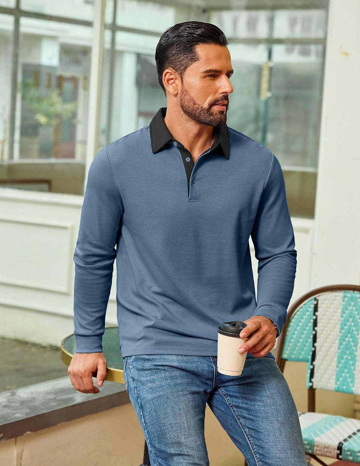 image:imageCOOFANDY Mens Long Sleeve Polo Shirts Casual Sweatshirt Cotton Golf T ShirtHaze Blue
