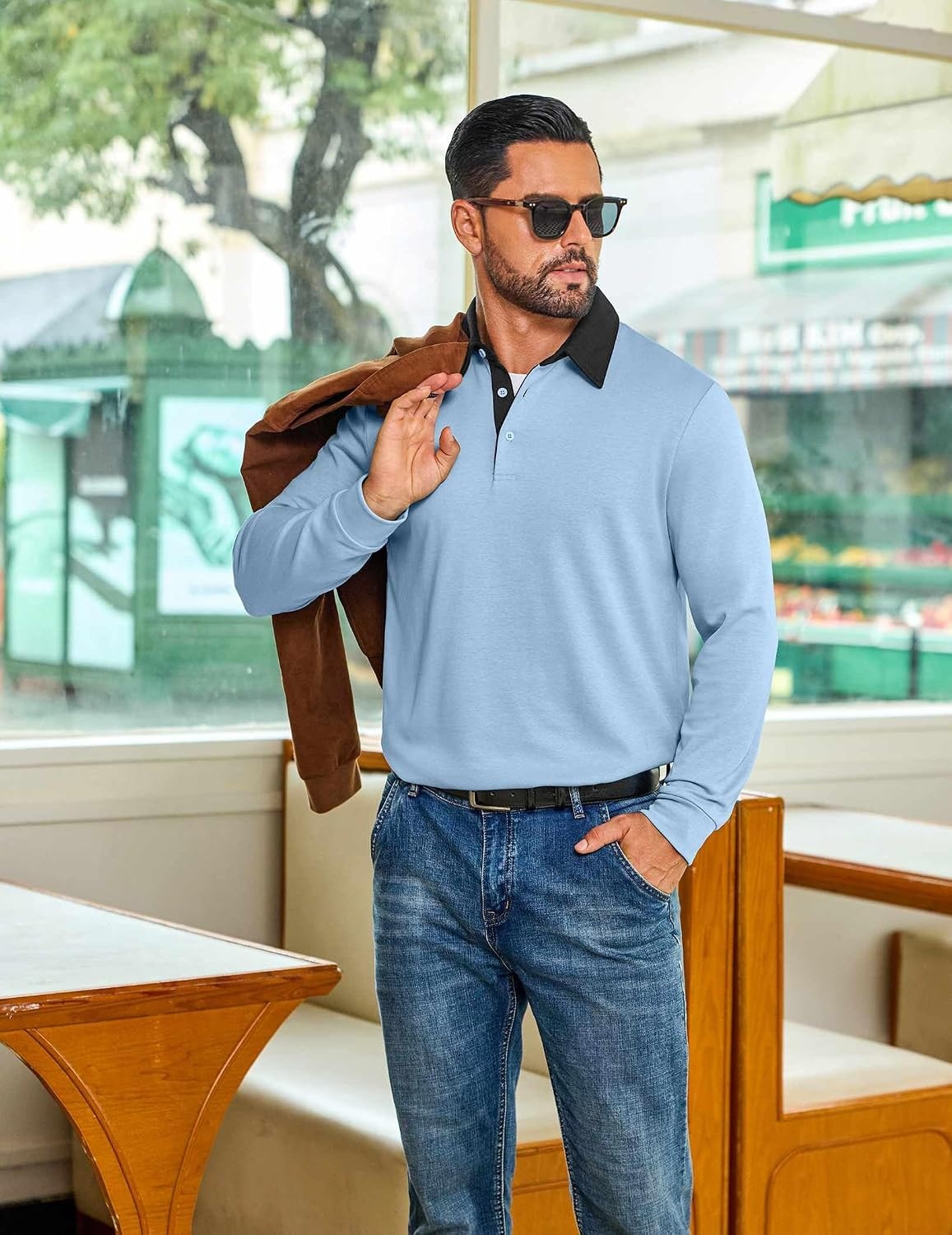 image:imageCOOFANDY Mens Long Sleeve Polo Shirts Casual Sweatshirt Cotton Golf T ShirtLight Blue