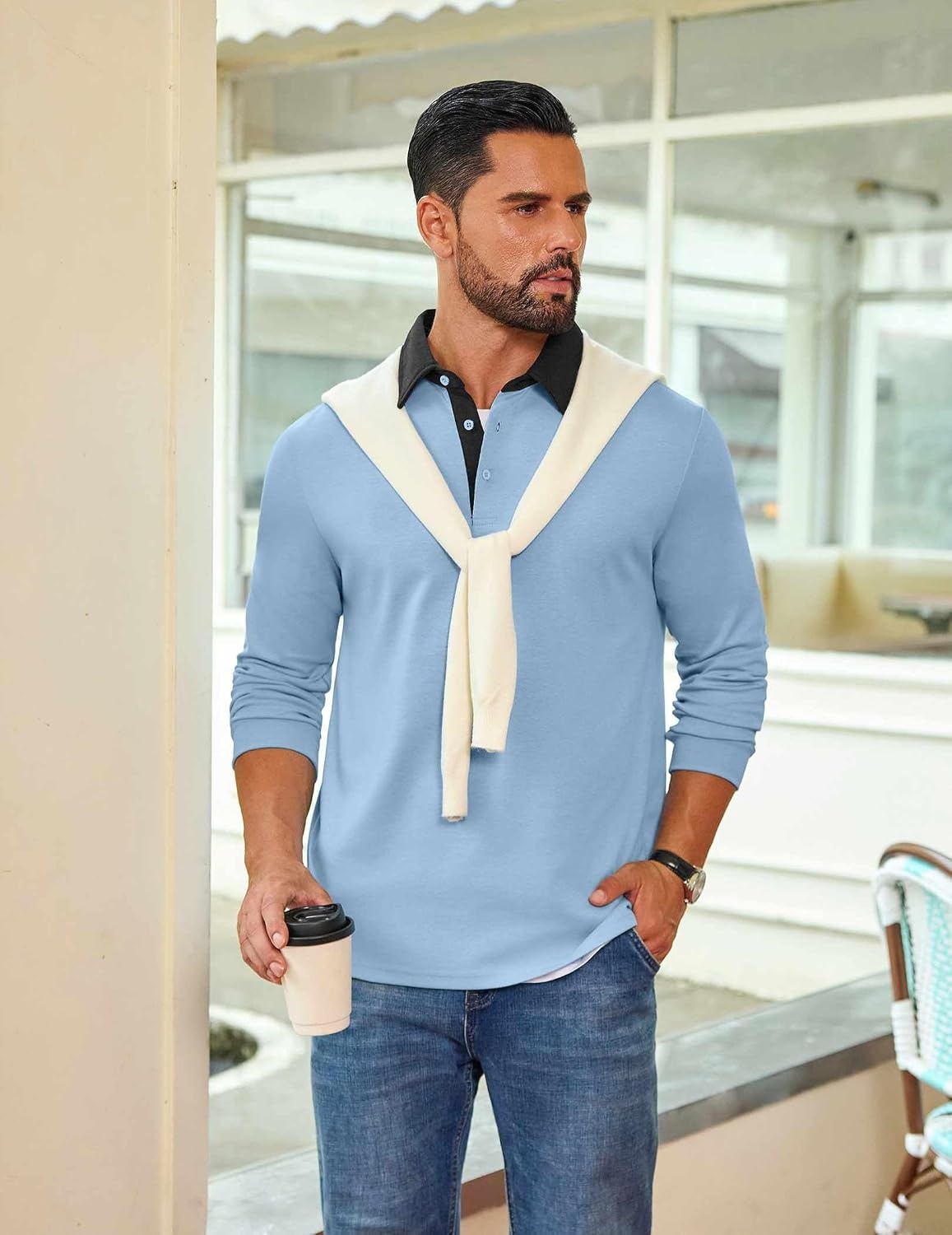 image:imageCOOFANDY Mens Long Sleeve Polo Shirts Casual Sweatshirt Cotton Golf T ShirtLight Blue