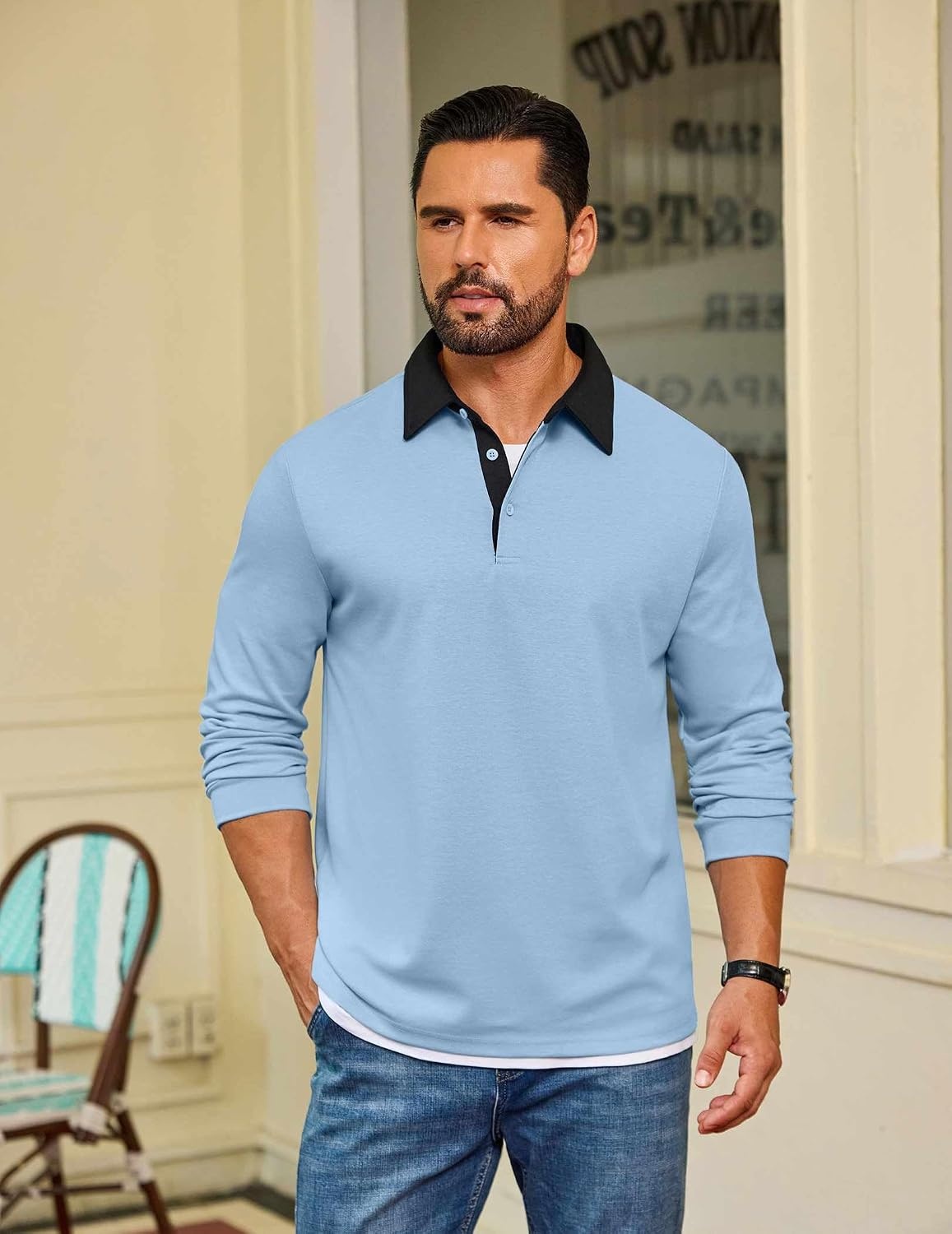 image:imageCOOFANDY Mens Long Sleeve Polo Shirts Casual Sweatshirt Cotton Golf T ShirtLight Blue