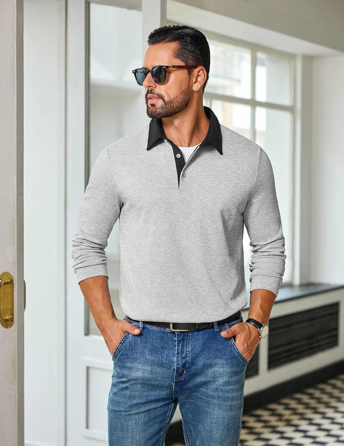 image:imageCOOFANDY Mens Long Sleeve Polo Shirts Casual Sweatshirt Cotton Golf T ShirtLight Gray