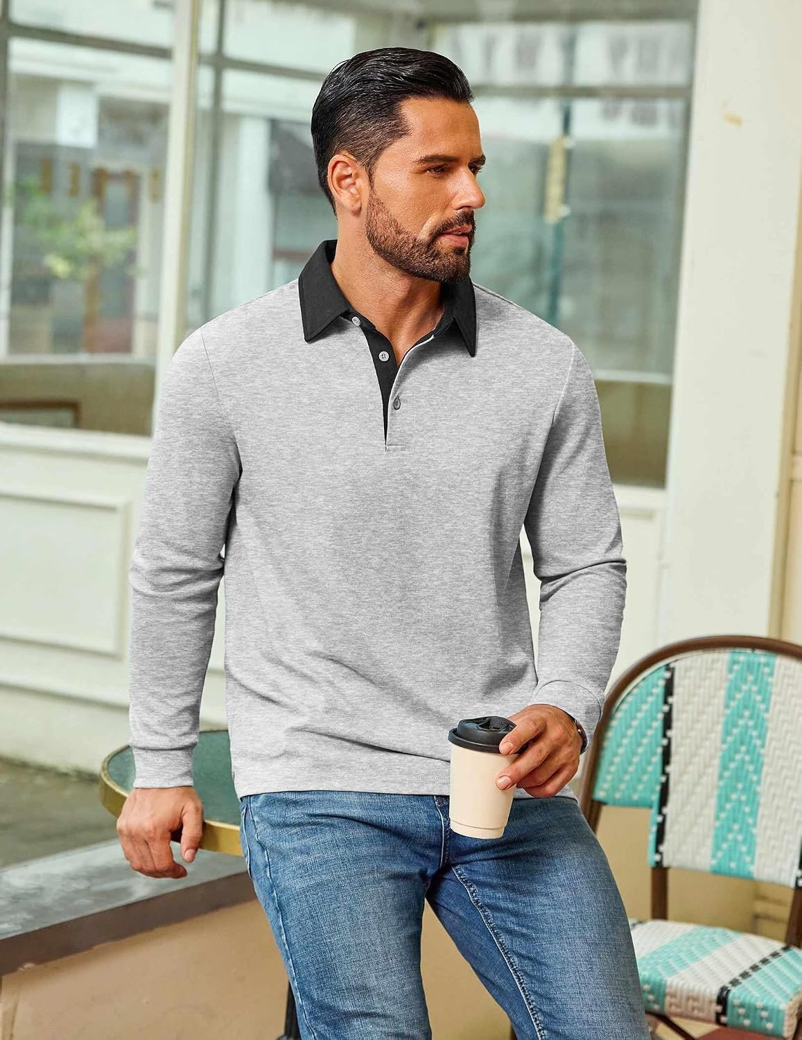 image:imageCOOFANDY Mens Long Sleeve Polo Shirts Casual Sweatshirt Cotton Golf T ShirtLight Gray