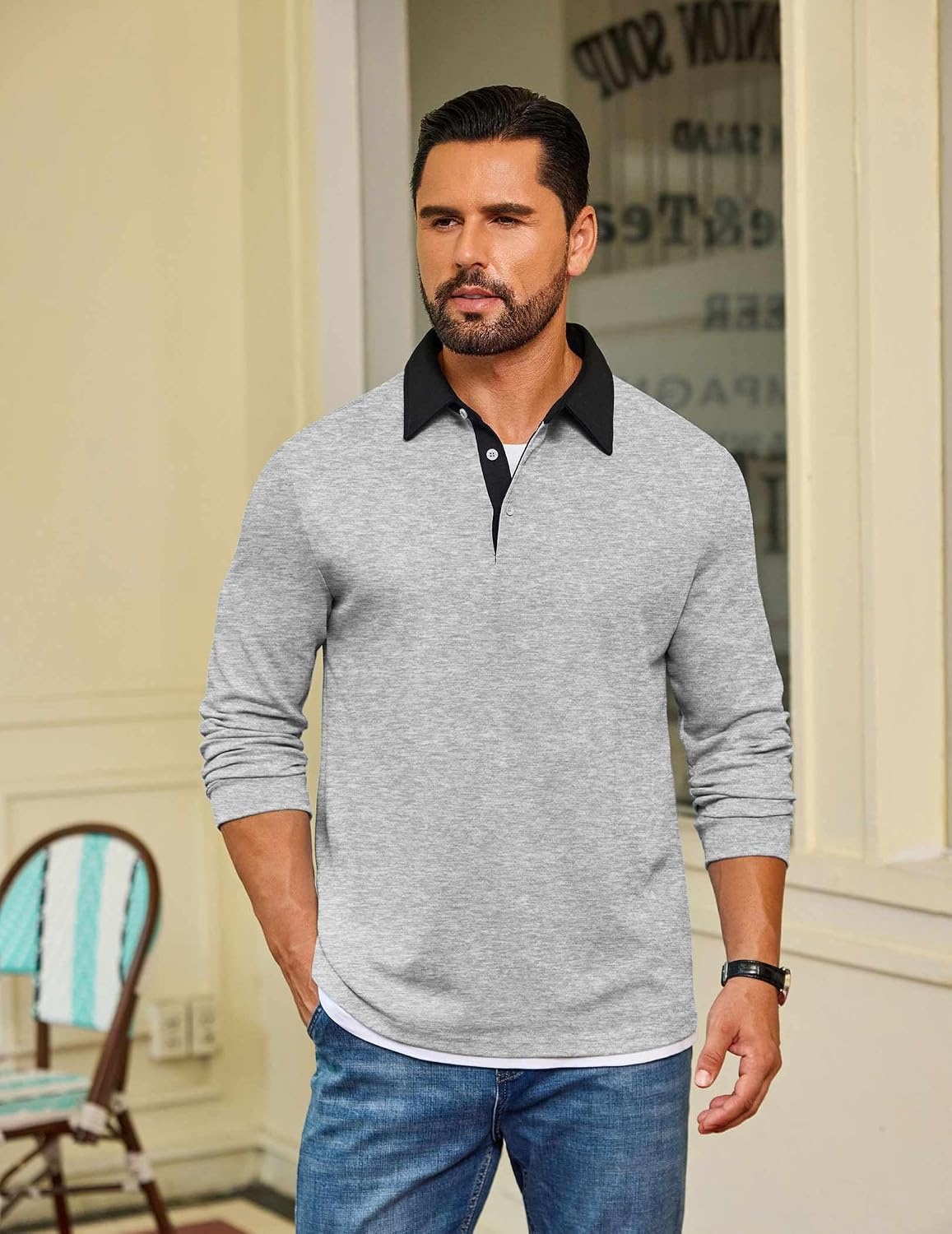 image:imageCOOFANDY Mens Long Sleeve Polo Shirts Casual Sweatshirt Cotton Golf T ShirtLight Gray