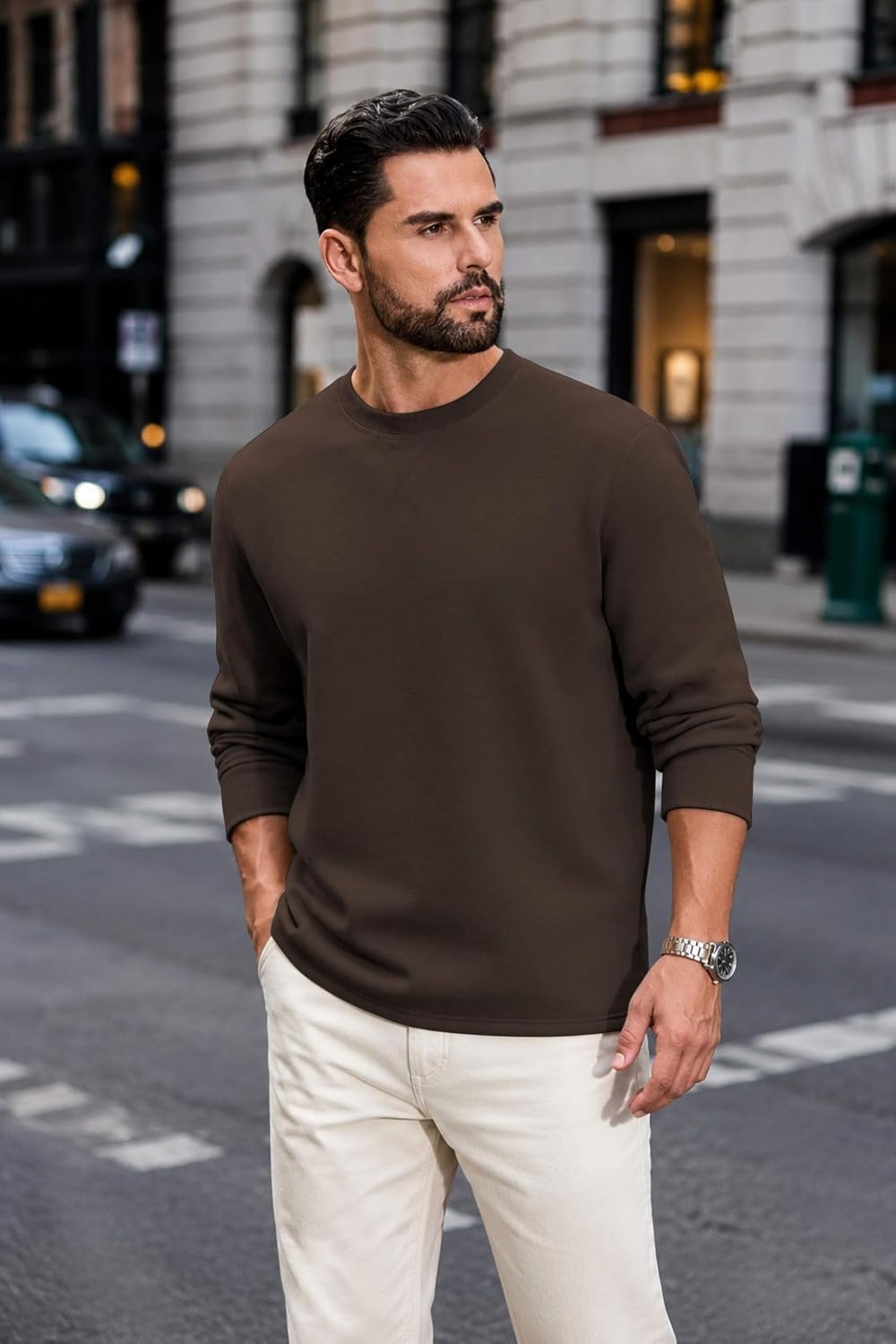 image:imageCOOFANDY Mens Sweatshirt Crew neck lightweight Fleece Pullover TshirtChestnut Brown