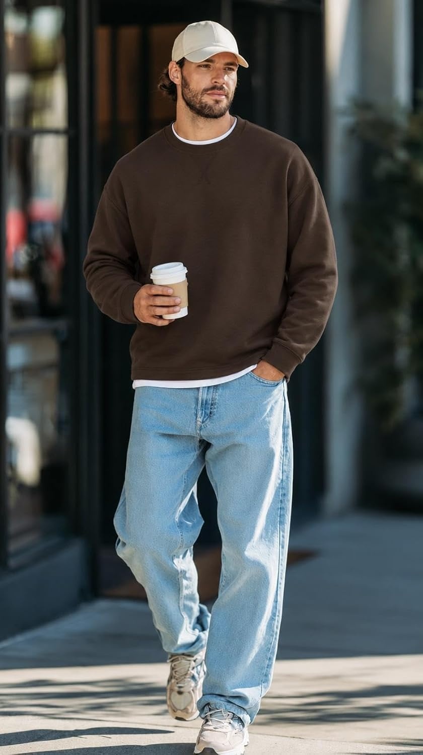 image:imageCOOFANDY Mens Sweatshirt Crew neck lightweight Fleece Pullover TshirtChestnut Brown