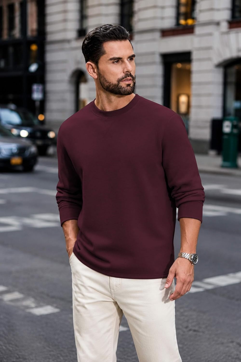 image:imageCOOFANDY Mens Sweatshirt Crew neck lightweight Fleece Pullover TshirtWine Red