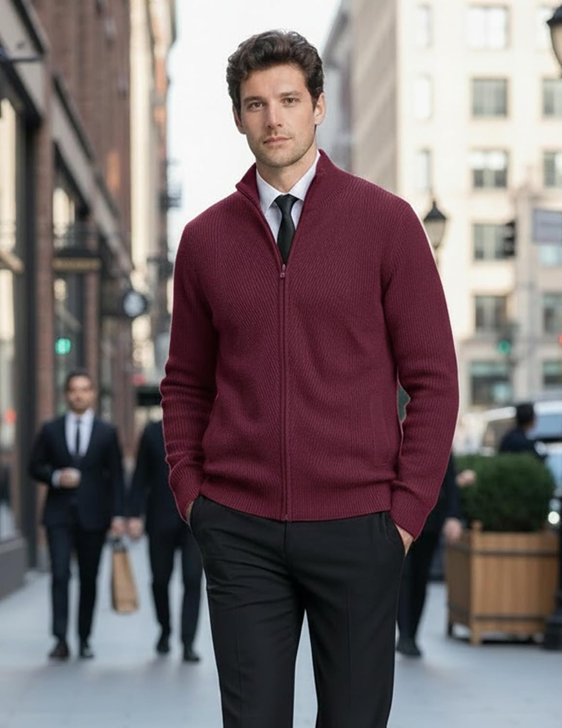 image:imageCOOFANDY Mens Zip up Sweater Casual Knitted Cardigan Sweater Stand CollarBurgundy