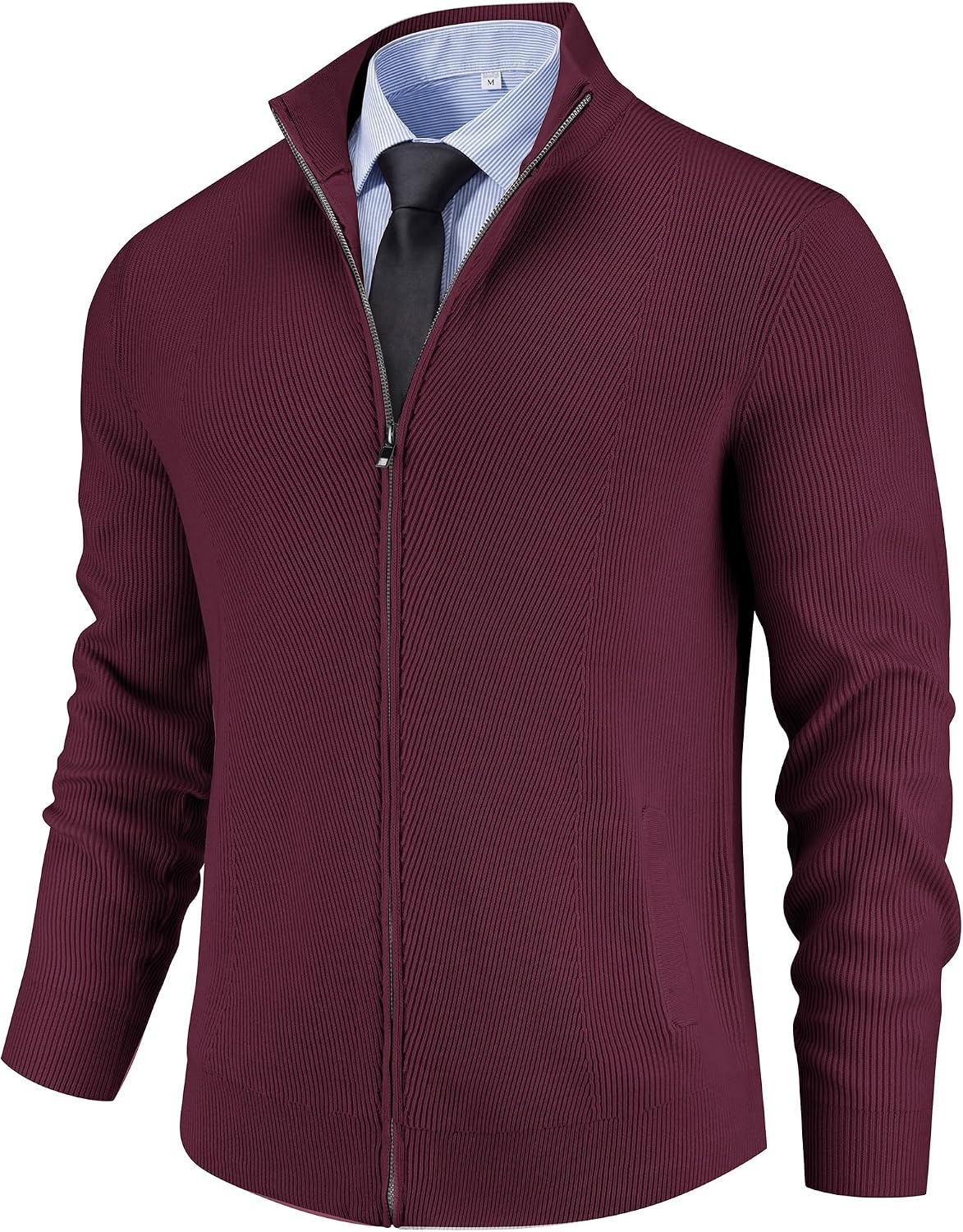 image:imageCOOFANDY Mens Zip up Sweater Casual Knitted Cardigan Sweater Stand CollarBurgundy