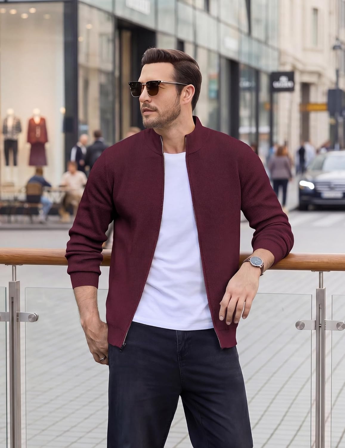 image:imageCOOFANDY Mens Zip up Sweater Casual Knitted Cardigan Sweater Stand CollarBurgundy