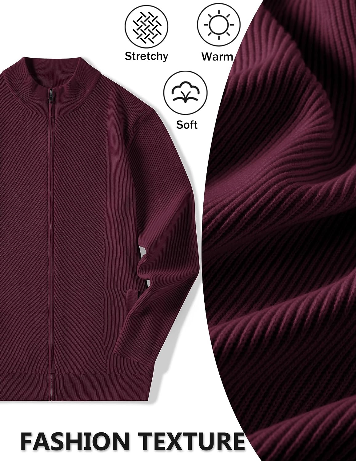 image:imageCOOFANDY Mens Zip up Sweater Casual Knitted Cardigan Sweater Stand CollarBurgundy