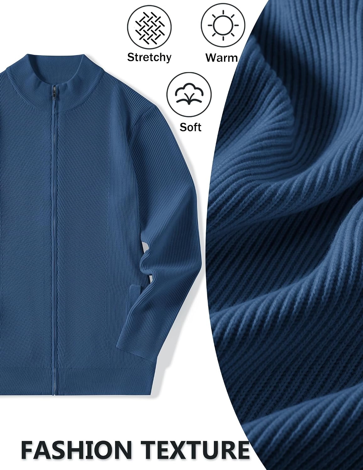 image:imageCOOFANDY Mens Zip up Sweater Casual Knitted Cardigan Sweater Stand CollarDenim Blue