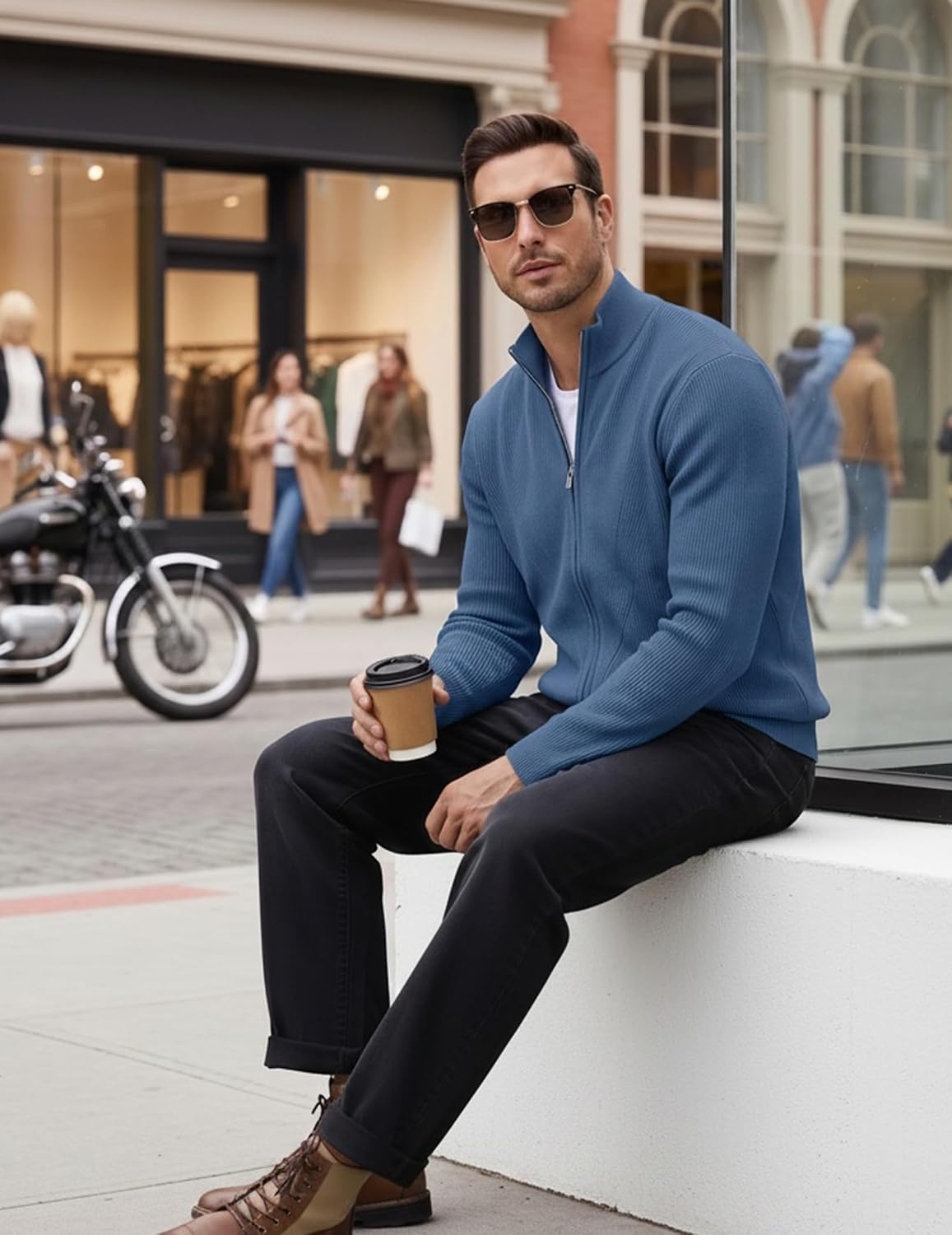 image:imageCOOFANDY Mens Zip up Sweater Casual Knitted Cardigan Sweater Stand CollarDenim Blue