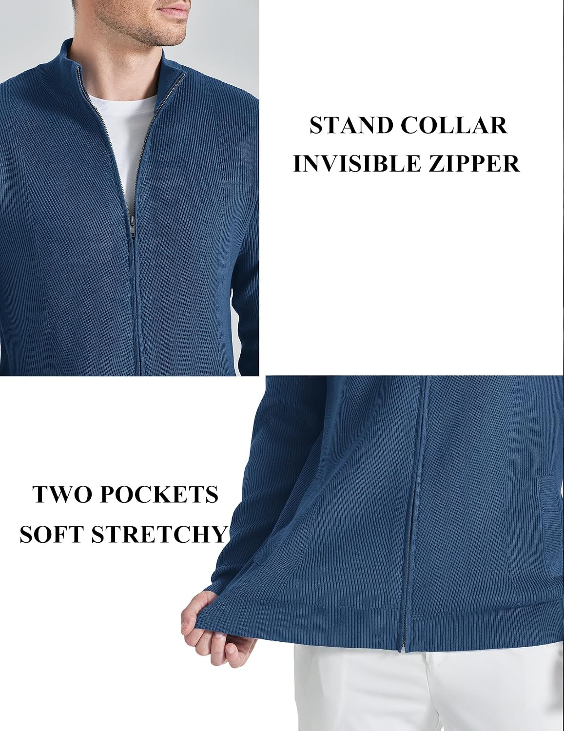 image:imageCOOFANDY Mens Zip up Sweater Casual Knitted Cardigan Sweater Stand CollarDenim Blue