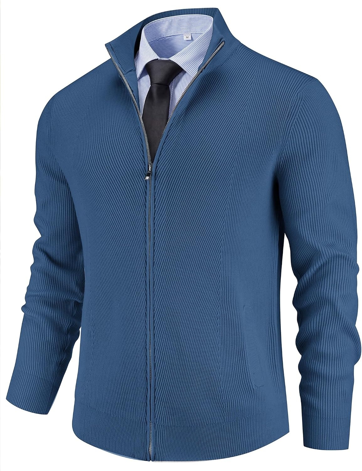 image:imageCOOFANDY Mens Zip up Sweater Casual Knitted Cardigan Sweater Stand CollarDenim Blue